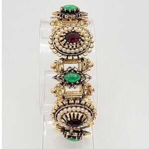Vintage Gold‑Tone Bracelet. Marbled Green Glass, Red Cabochons & Faux Pearls